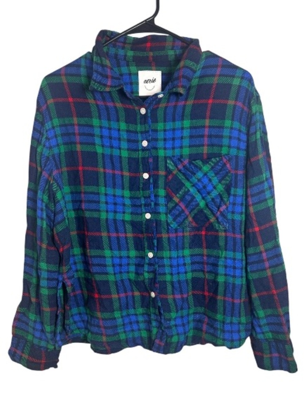 Xl Aerie Blue, Green & Red Plaid Button-Down Shirt